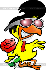 Hand-drawn an smart chicken holding rose - vector clipart