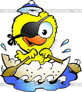 Hand-drawn an cute baby chicken rowing boat - vector clip art