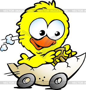 Hand-drawn an cute baby chicken driving in eggshell - vector clipart