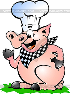 Hand-drawn an Chef Pig standing and pointing - royalty-free vector image