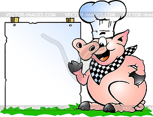 Hand-drawn an Chef Pig standing and pointing toward - vector clipart