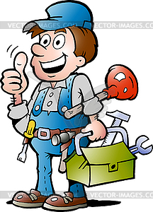 Hand-drawn an happy Plumber Handyman, giving thumb - vector clipart