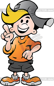 Hand-drawn an happy School Boy Pointing - vector clip art