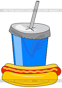 Cardboard cup with drink and hot dog - vector clipart