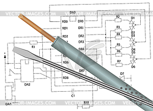 Паяльник, отвертка на электронноай схеме - иллюстрация в векторе