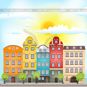Retro houses with sun and clouds - vector image