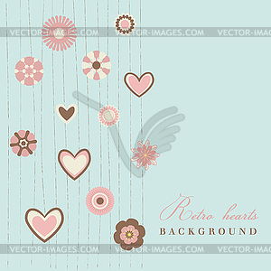 Retro flowers with hearts blue background - vector clip art