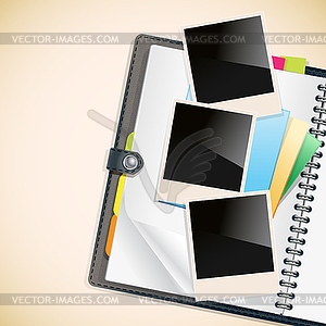 Photo frames and notepad sheets on open diary - vector clip art