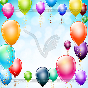 Colorful balloons as frame on blue - vector image