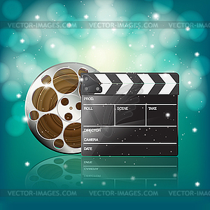 Clapper and film on starry background - vector image