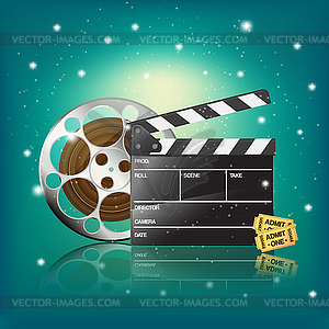 Clapper,cinema tickets and film on starry background - royalty-free vector image