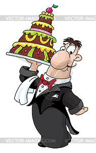 Waiter with cake - vector clipart