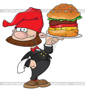 Waiter gnome with burger - vector clip art