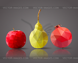 Apple, pear and pomegranate in poligonal design - vector clipart