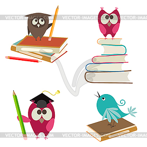 Cute birds with books and pencils - vector clipart