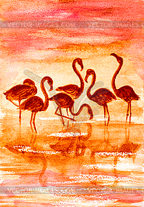 Flamingo in sunset, watercolor - vector clipart