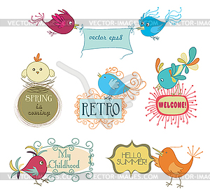 Set of cute childish birds and stylish frames with - vector clipart