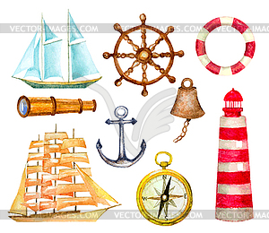 Set of nautical symbols. watercolor illustrati - vector image