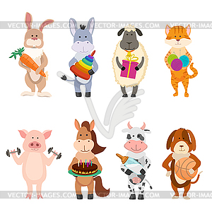 Set of farm cartoon animals with childish activities - vector image