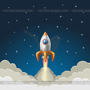 Flying rocket on starry blue background - vector image