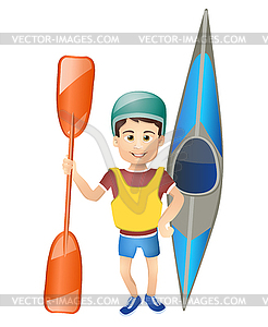 Cartoon boy with canoe - vector clip art