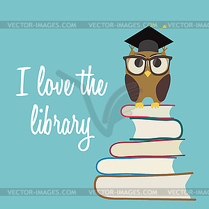 Cute owl in eyeglasses with graduation cap sitting - vector clipart