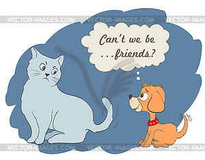 Cute cartoon dog and cat with can`t we be friends - vector image