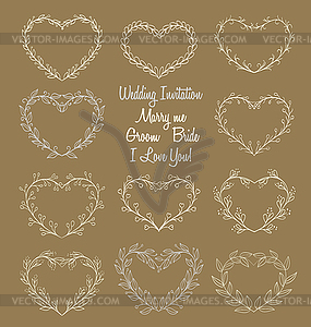 Wreaths in heart shape frame on brown background. - color vector clipart