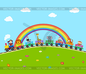 Cartoon railway train with animals - vector image