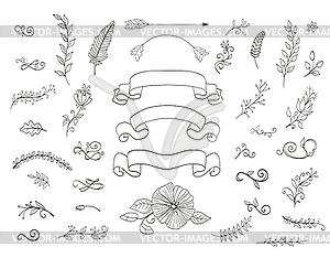 Set of floral design elements. doodle wreaths, - vector clip art