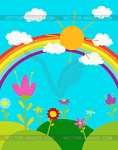 Rainbow in sky,sun and white clouds, cute cartoon - vector clip art