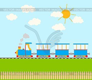 Cartoon train on railroad. sky with clouds and - vector clipart