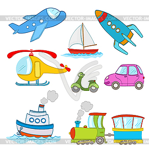 Set of cartoon transportation . steamship, airplane - vector clip art