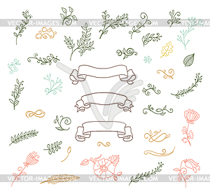 Wreaths, flowers, ribbons, calligraphic swirls colo - vector image