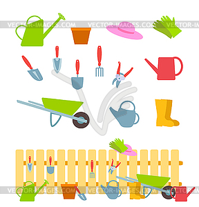 Set of gardening tools and composition with fence. - vector image