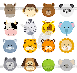 Set of cartoon animals faces. collection of cute - vector clip art