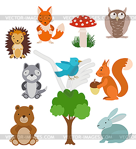 Set of cute cartoon animals. Forest collection - vector image