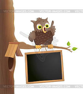 Cute cartoon owl on twig with blackboard. - vector clip art