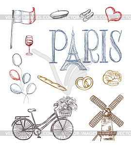 Paris symbols. tour eiffel, french bakery, mill, - vector clipart