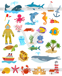 Set of sea and ocean animals and fishes, palm - vector image