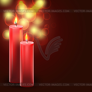 Two red candles on blurry celebration background - vector image