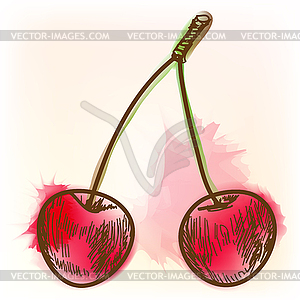 Ripe cherry, watercolor painting - vector clip art