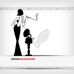 Retro girl with old gramophone background - vector clip art