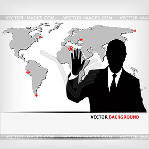 Businessman silhouette with world map - vector clip art