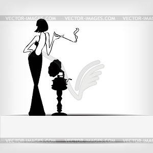 Retro girl with old gramophone background - vector image