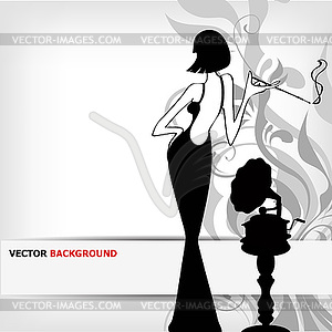 Retro girl with old gramophone background - vector clip art