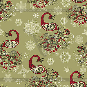 Seamless Winter Pattern with Peacocks and Snowflakes - vector clipart