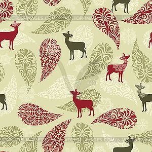 Seamless pattern with deers and paisley ornament - vector image