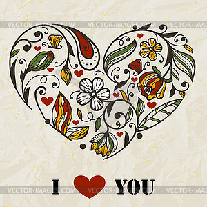 Floral Heart on crumpled paper texture - vector image