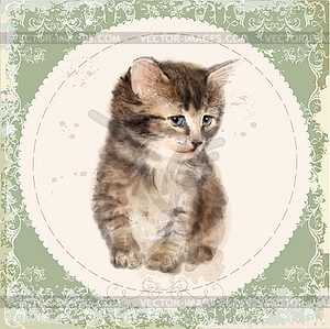 Vintage card with fluffy kitten. Imitation of - vector clipart